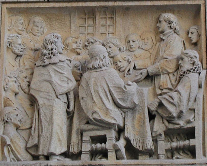 Founding of Harvard bas relief